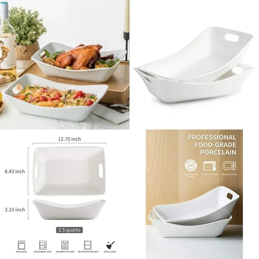 

Large Serving Bowls with Handles White Serving Dishes For Entertaining, 1.5 Quarts Ceramic Bowl Set Rectangle Serving Platter for Thanksgiving, 2 Pack