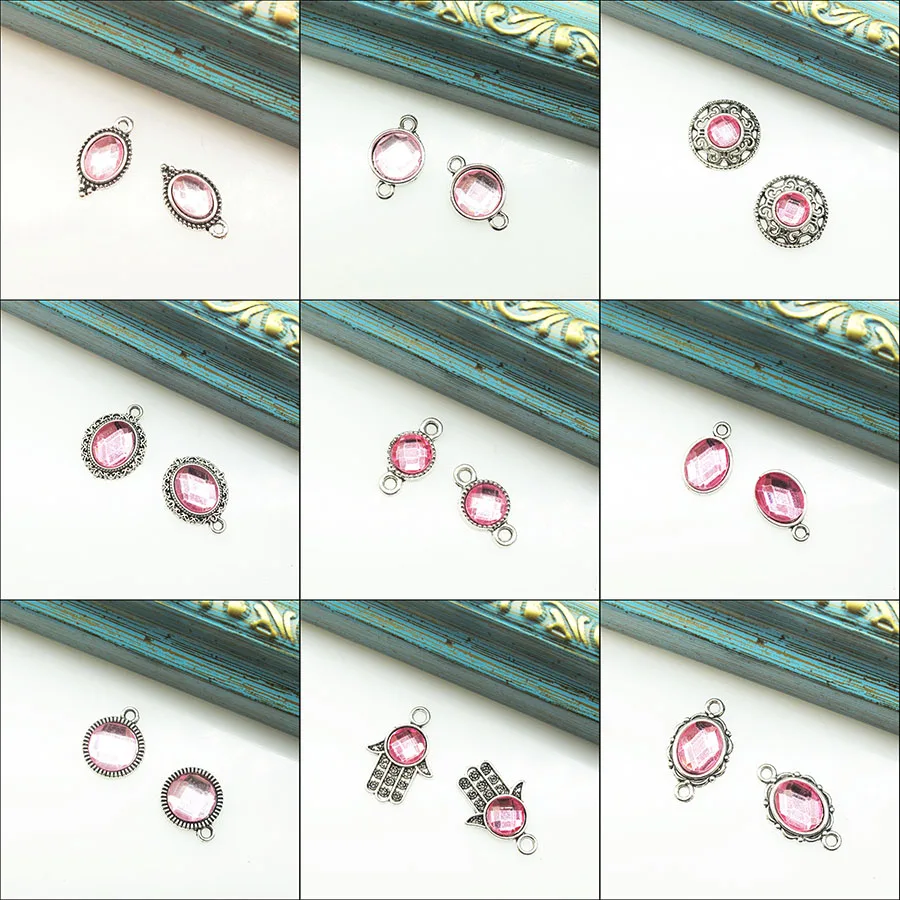 10Pcs Retro Pink Crystal Tibetan Silver Plated Charms Palm Flower Oval Pendant
