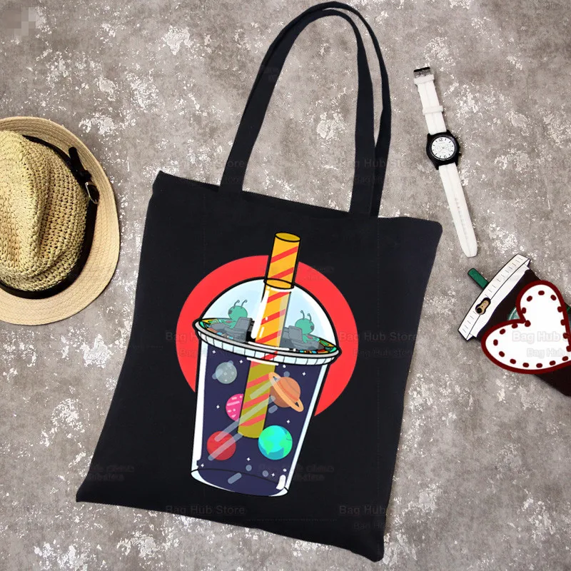 Boba Milk Tea Canvas Black Shopping Cartoon Cute Tote Bag Reusable Shoulder Bubble Tea Cloth Book Bag Gift Handbag