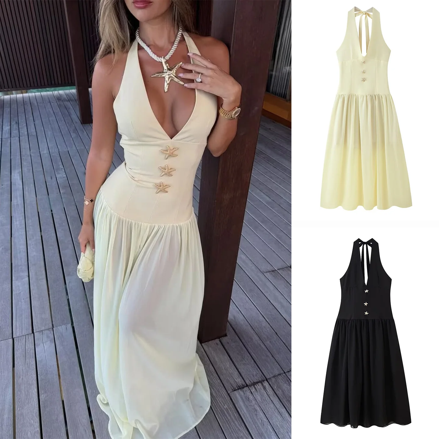 Sommer Damen Vaion Sle Loose Starfi Decorated V-ne Svel High Waist Long Dr Polyester Fiber X-aped Casual