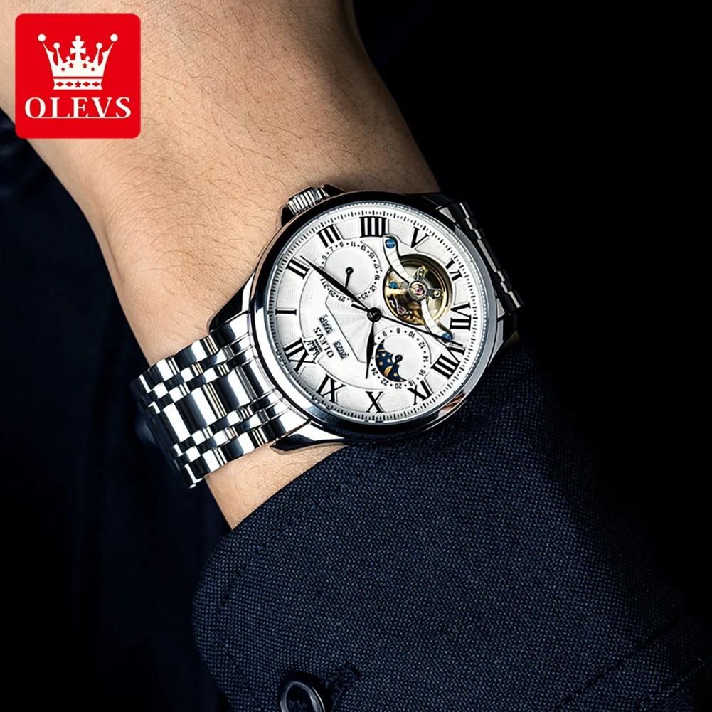 OLEVS 7013 ساعة رجالية فاخرة مجوفة دولاب الموازنة ساعة ميكانيكية للرجال من الفولاذ المقاوم للصدأ 24 ساعة مرحلة القمر ساعة أوتوماتيكية أصلية للرجال