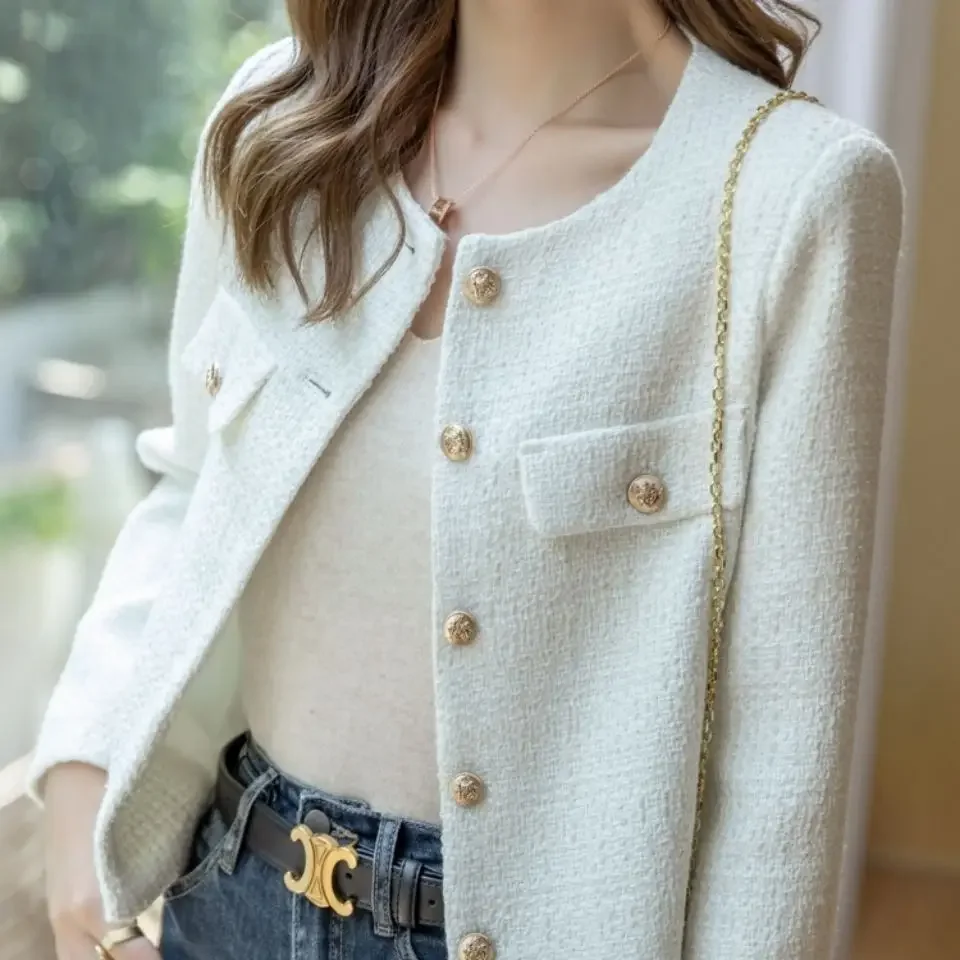 French Wool Tweed Coat Fashion High-end Gold Button Short Slim Temperament Spring and Autumn Korean Coats Women  Jacket 2024