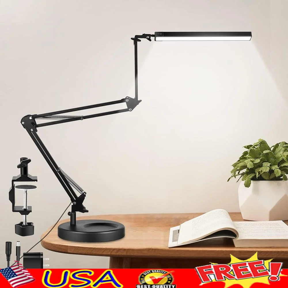 LED Desk Lamp with Clamp Adjustable Swing Arm 360 Degree Rotation 10 Brightness Levels 3 Color Temperatures Memory Function Home