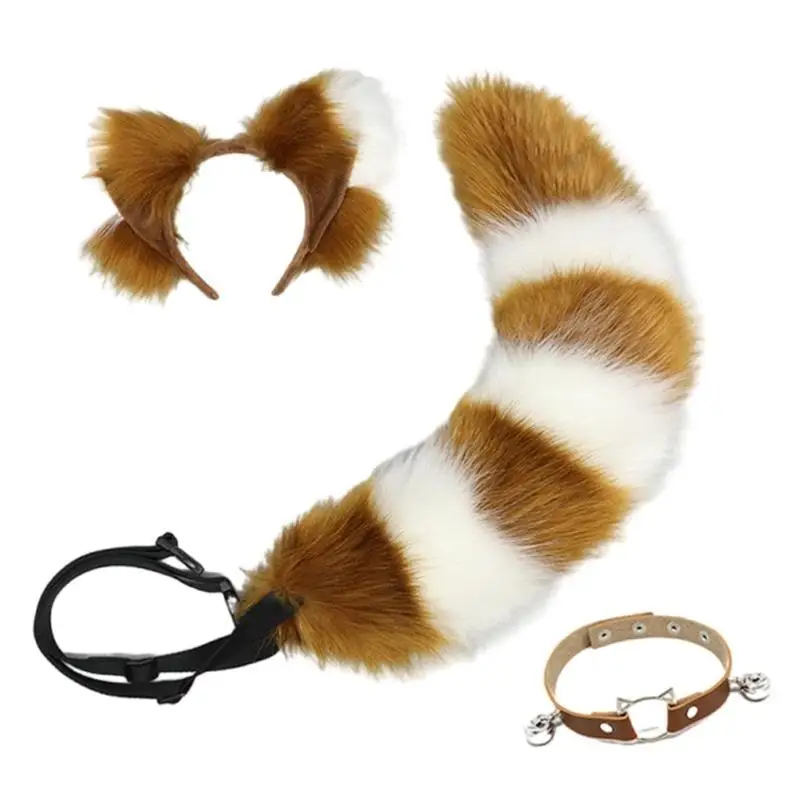 39BD Coda animale Orecchie volpe Fascia per capelli Campane Collare Collana Coda volpe Cintura regolabile Accessori per