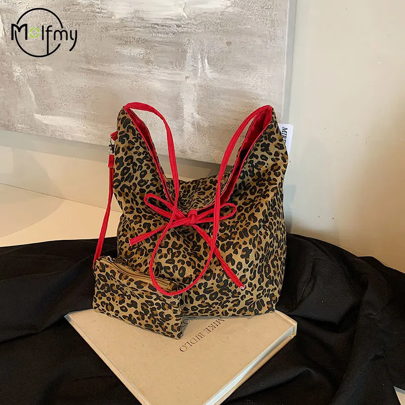 2 Pcs/set Leopard Underarm Bags Lady Nylon Shopper Shopping Large Capacity Shoulder Tote Bags for Women Korean Fashion Handbags