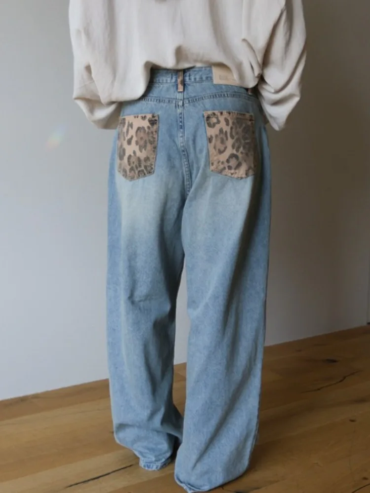 

Шикарные потертые джинсовые брюки с высокой талией, женские длинные брюки с леопардовым принтом, индивидуальный дизайн, осенние новые брюки
