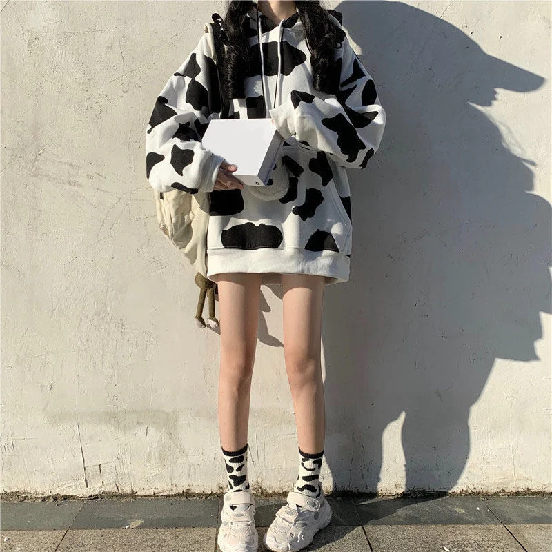 Autumn Women Cute Streetwear Harajuku Pullover Tops JK Girl Sweet Cow Milk Hoodies Fashion Casual High Street Hooded Sweatshirts