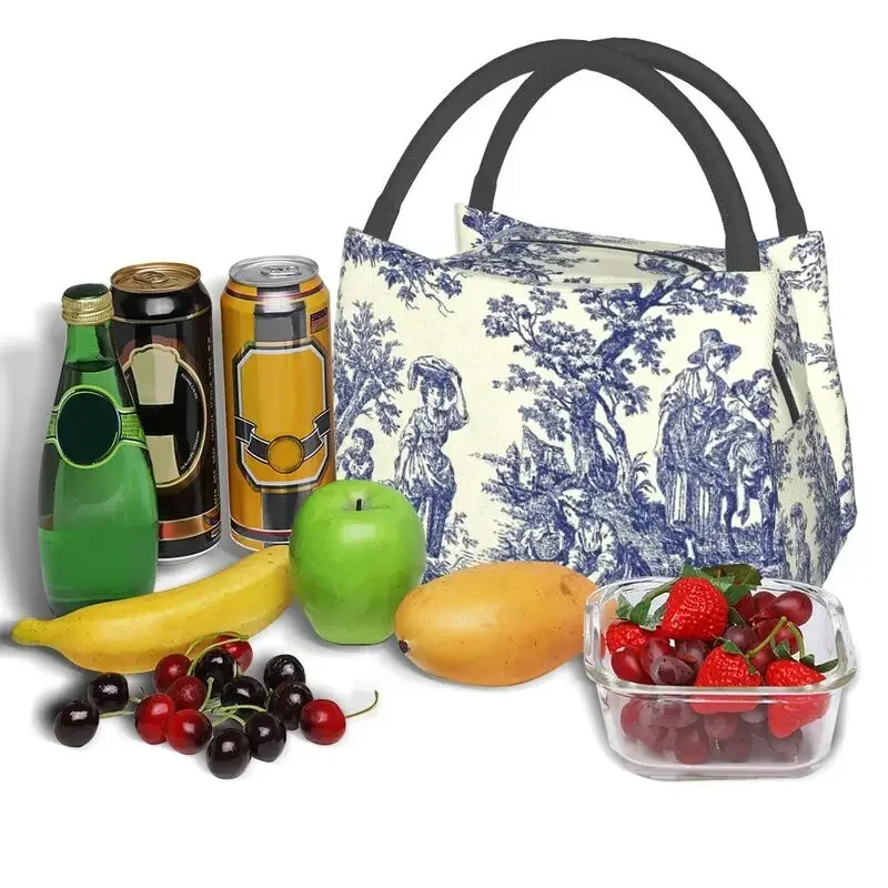 Toile De Jouy الأزرق صندوق الغداء المحمول الفرنسية الأزرق الداكن الحرارية برودة الغذاء معزول حقيبة الغداء مستشفى مكتب Pinic الحاويات