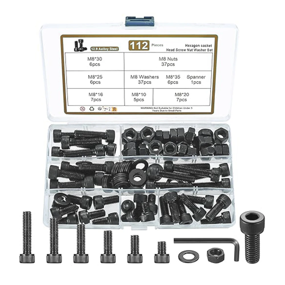 

112 sets of M8 hexagonal socket head screws, nuts and washers, 12.9 carbon steel black machine screw combination kit