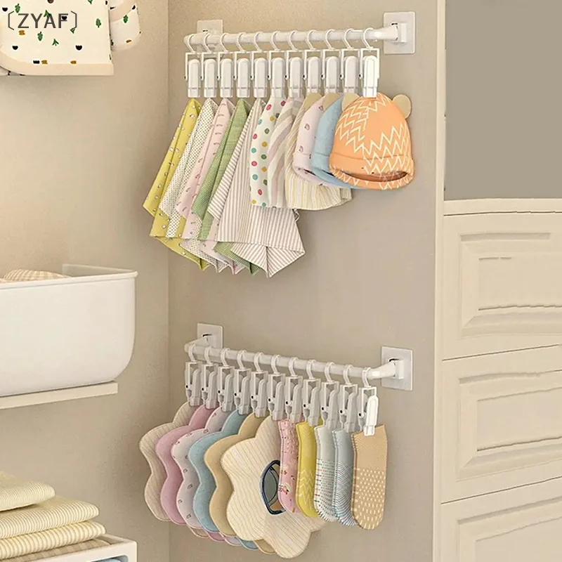 

〔ZYAF〕 Kids Wardrobe Hanging Rod Punch-free Wall Mounted Hat Storage Rack With Clips Plastic Baby Saliva Towel Hook For Home