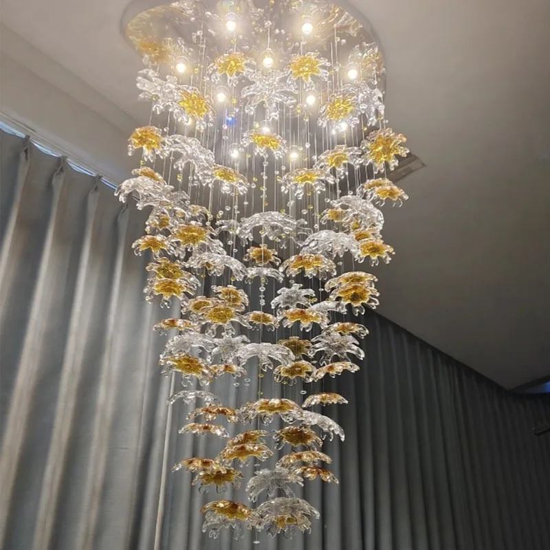 Hanging stairs crystal petal chandelier villa lobby main light hotel lobby duplex