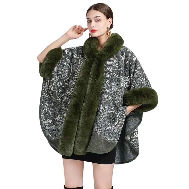 Winter Batwing Sleeves hooded cloak Women Warm String Faux Rabbit Fur Turn-Down Collar capas y poncho Cape dress Outstreet Coat