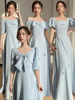 Romantik mavi nedime elbise zarif saten tatlı yay kapalı omuz Sisters mezuniyet kıyafeti A-Line düğün kadın misafirler elbiseler