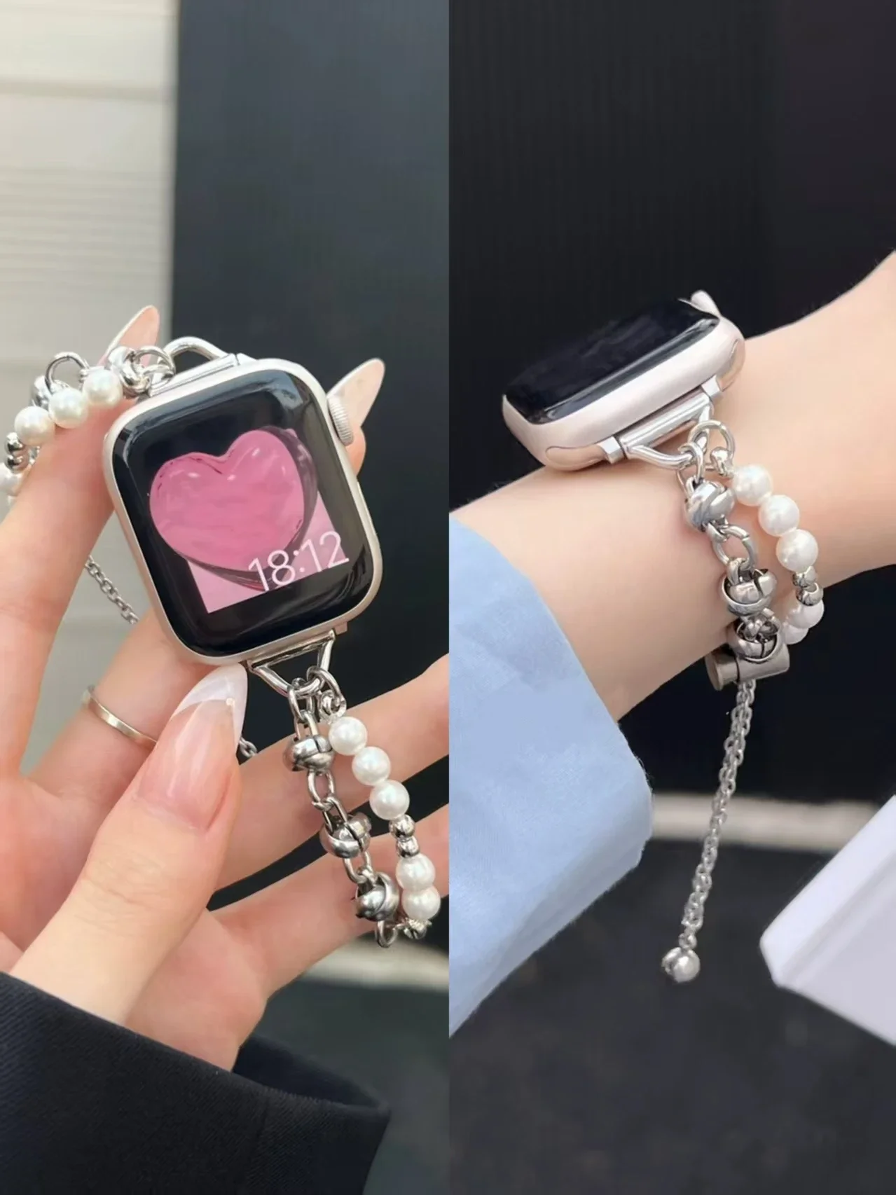 Новый ремешок с блестящими бусинами и металлическими звеньями для Apple Watch, женский ремешок 38 мм, 40 мм, 41 мм, 42 мм, 44 мм, 45 мм, 46 мм, 49 мм