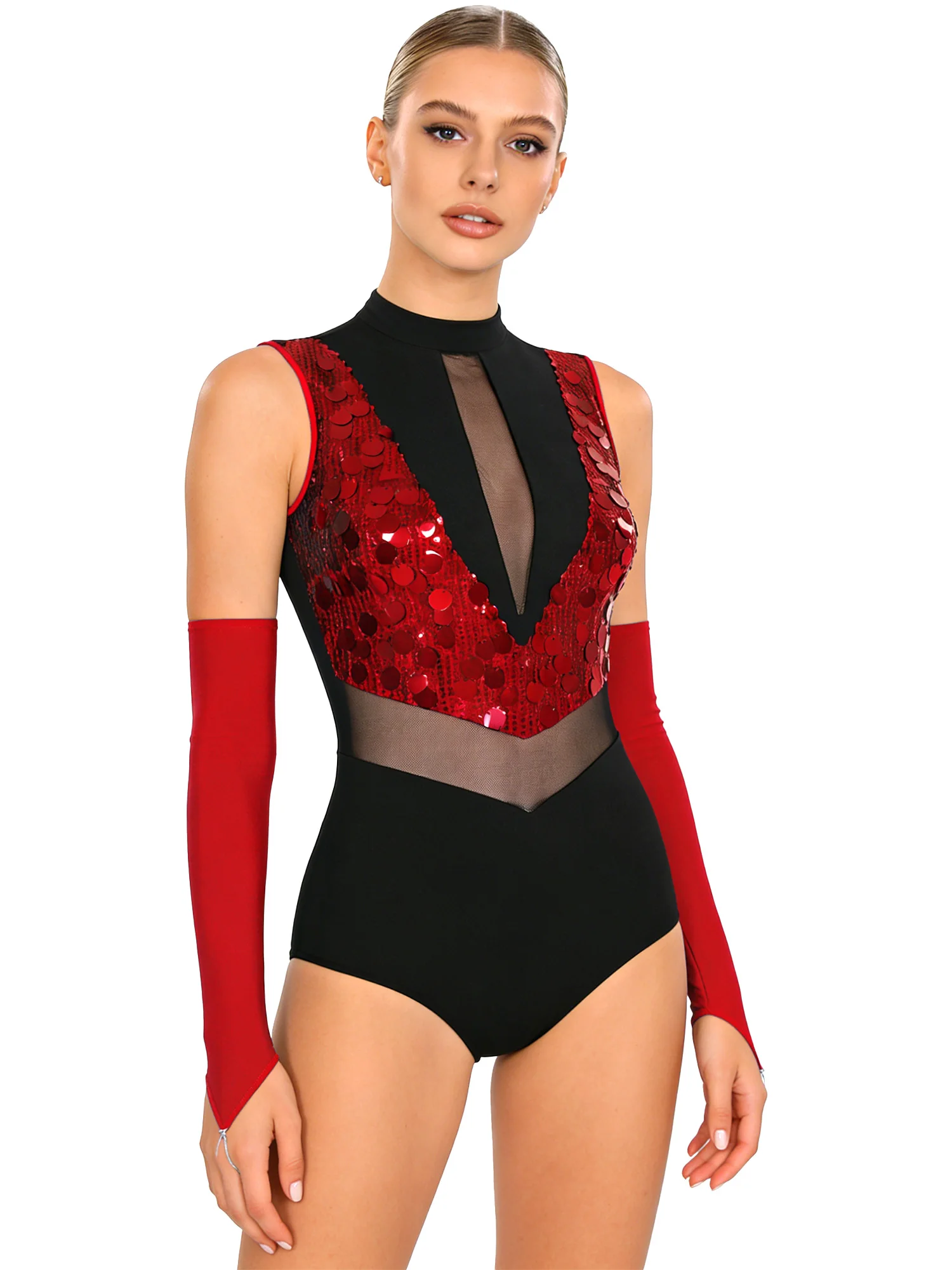 Frauen Glänzende Pailletten Eiskunstlauf Gymnastik Trikot Ärmellose Sheer Mesh Body mit Handschuhe Latin Jazz Dance Cha-cha Kostüm
