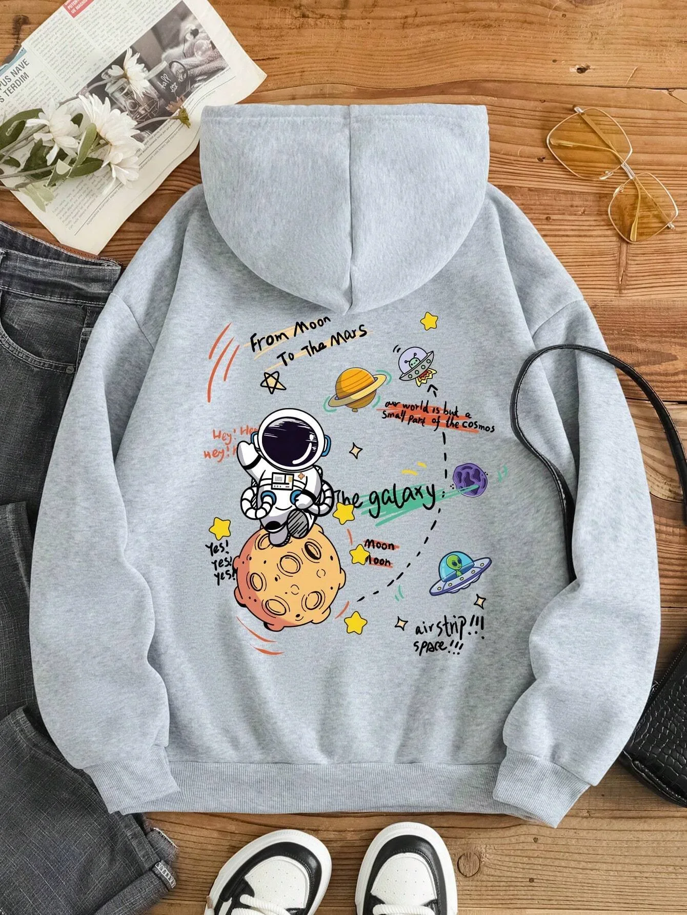 plus size Women's casual minimalist gray solid astronaut print loose and comfortable soft sportswear pullover hoodie S-4XL16