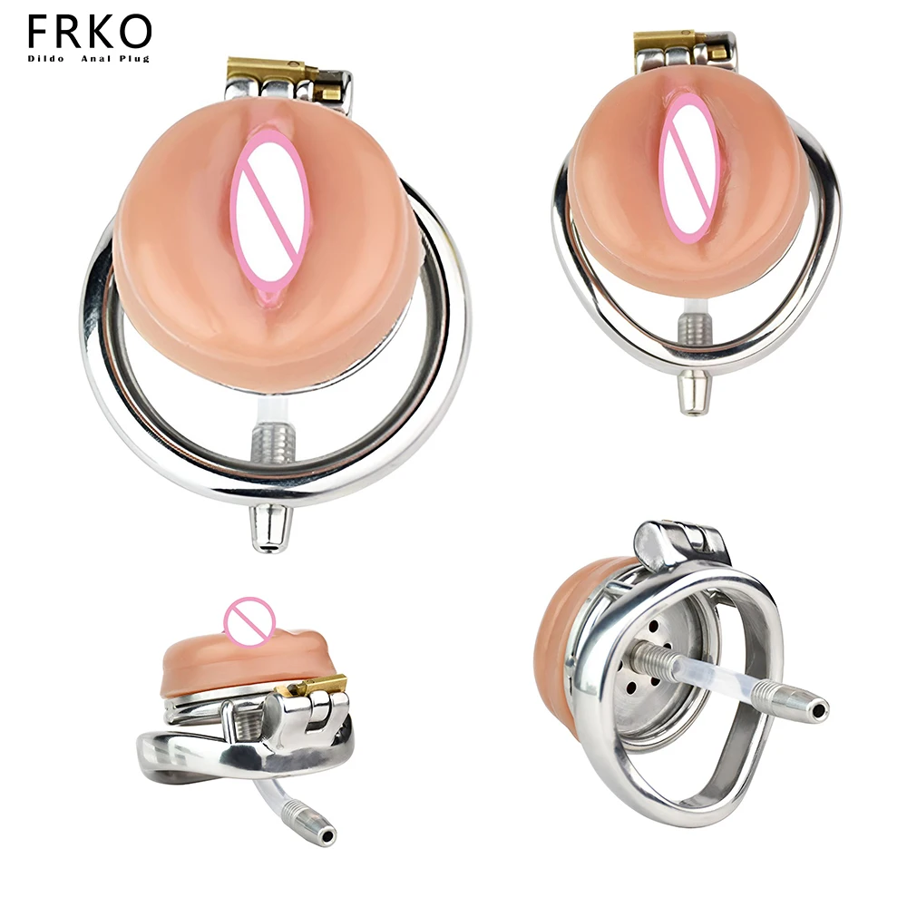 FRKO-jaula de castidad de acero inoxidable, tapón de silicona para pene, catéter uretral, labios labio Real, bloqueo de pene, BDSM, Sissy Femboy discreto