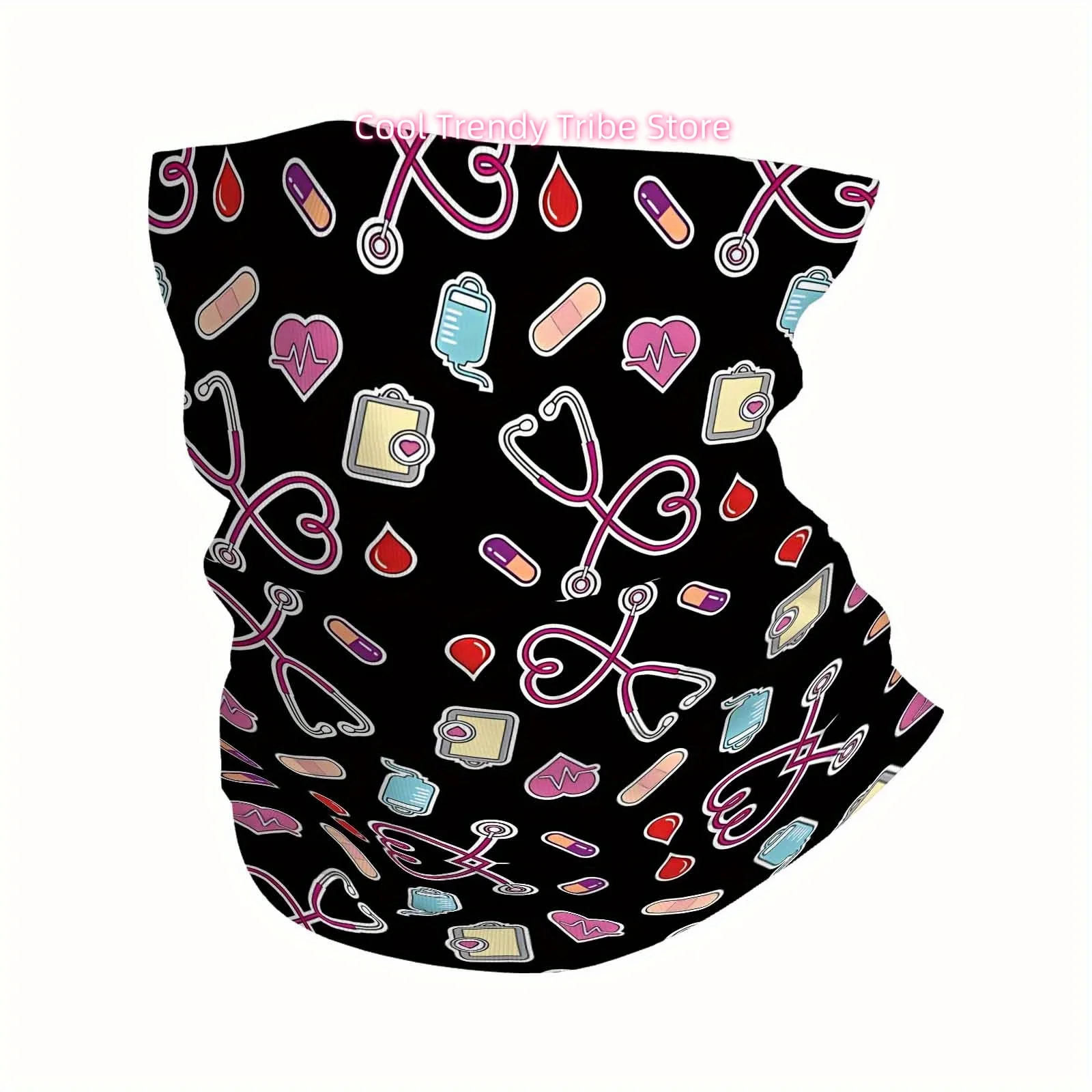 Medical Symbols, Stethoscope Hearts, Prescription, Black Background Multi-Functional Print Scarf for Men And Women, Unisex Mask