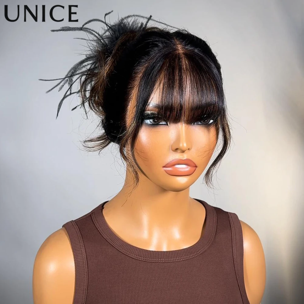 UNice Hair Balayage Highlights Fluffy Loose Wave Curtain Bangs Wig With Drawstring Glueless 7x5 13x4 Human Hair Lace Frontal Wig