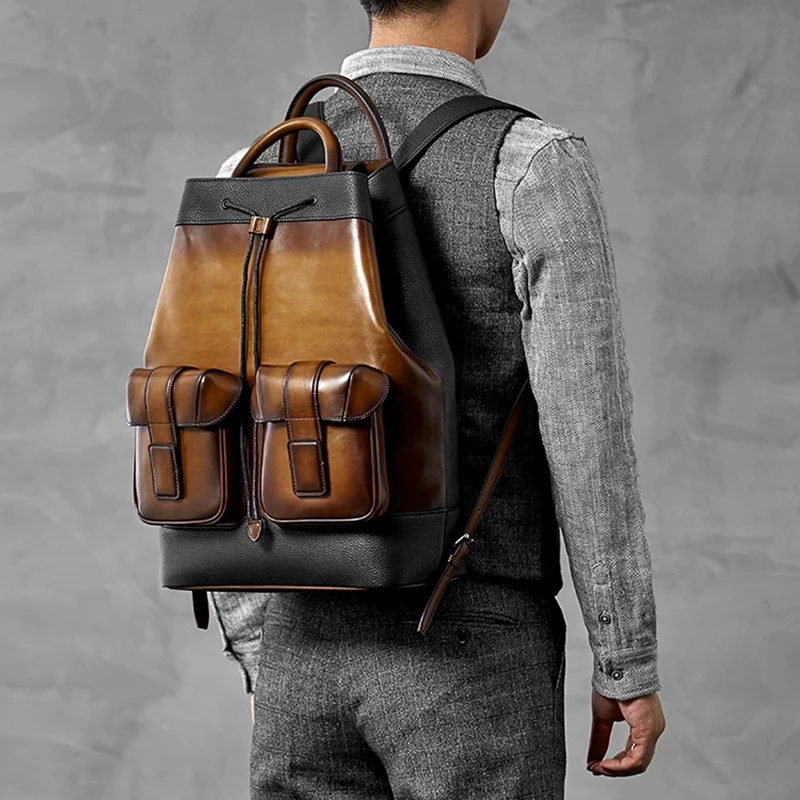 DIMY Handmade Patina 100% Calfskin Backpack Women Leather Genuine Laptop Mens Vintage Style Large-capacity Travel Bag DM8391-1