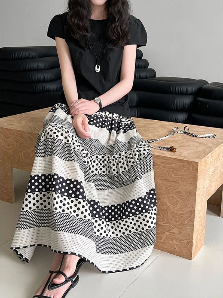 Jupe mi-longue vintage en patchwork à pois pour femme, taille haute, jupe fluide trapèze en noir/blanc, tenues quotidiennes, de bureau ou de vacances