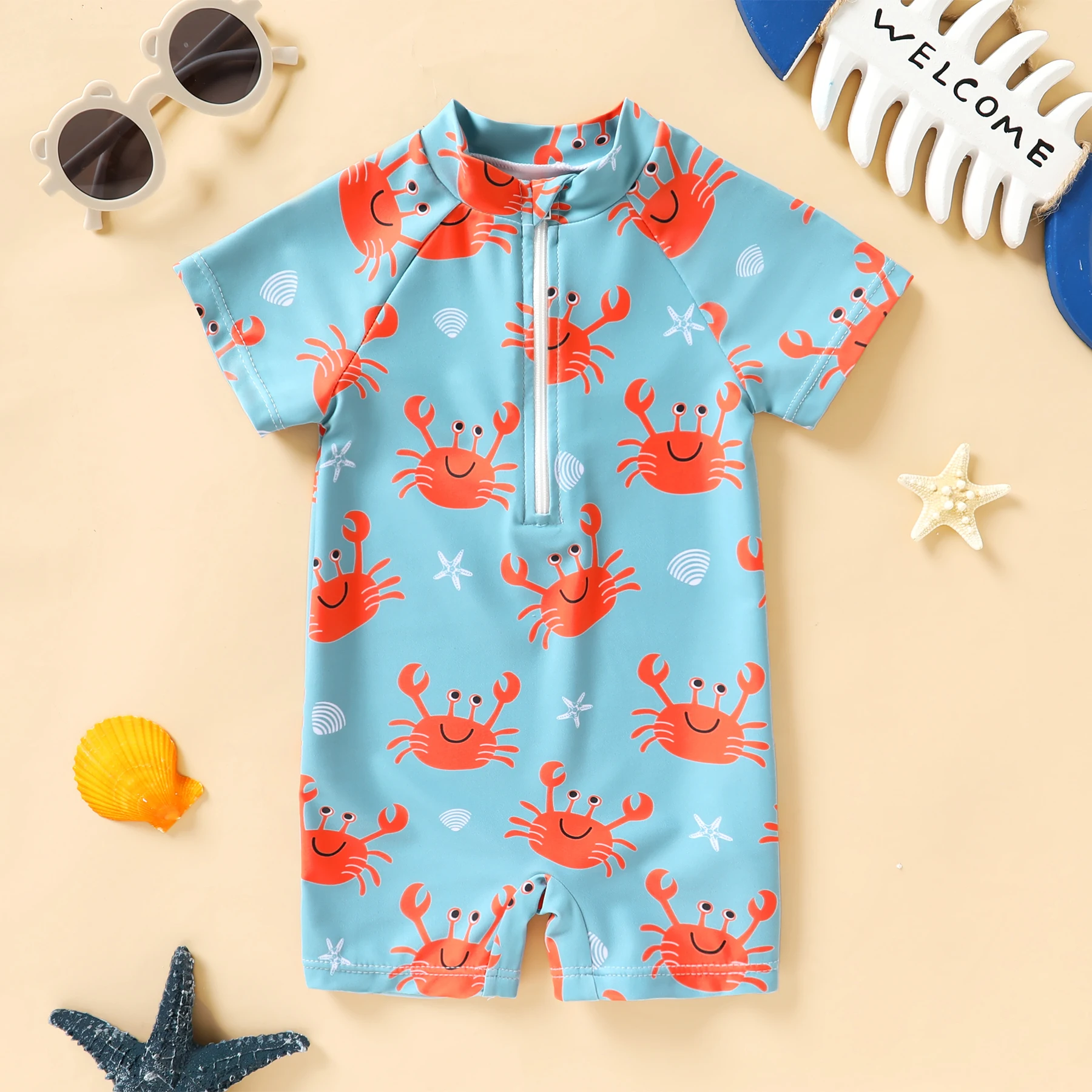 Newborn Baby Boy Swimsuit One Piece Zipper Printed Tight Fitting Short Sleeve Beach Swimwear Bathing Suit