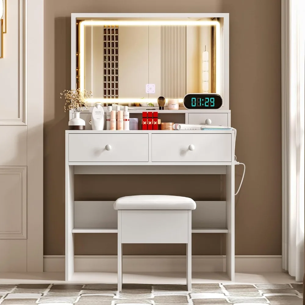 Vanity Desk Set com espelho iluminado LED e Power Outlet, Dressing Makeup Table, Storage Stool, 4 White Drawer for Bedroom
