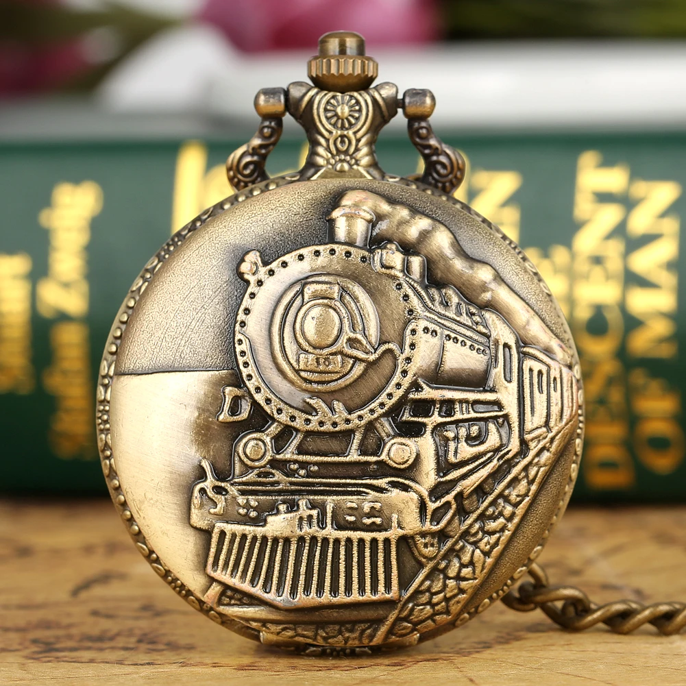 Vintage Fashion Steam Train Bronze Pocket Watch with Chain Analog Quartz Pendant Necklace Watches Men Women Timepiece Gift