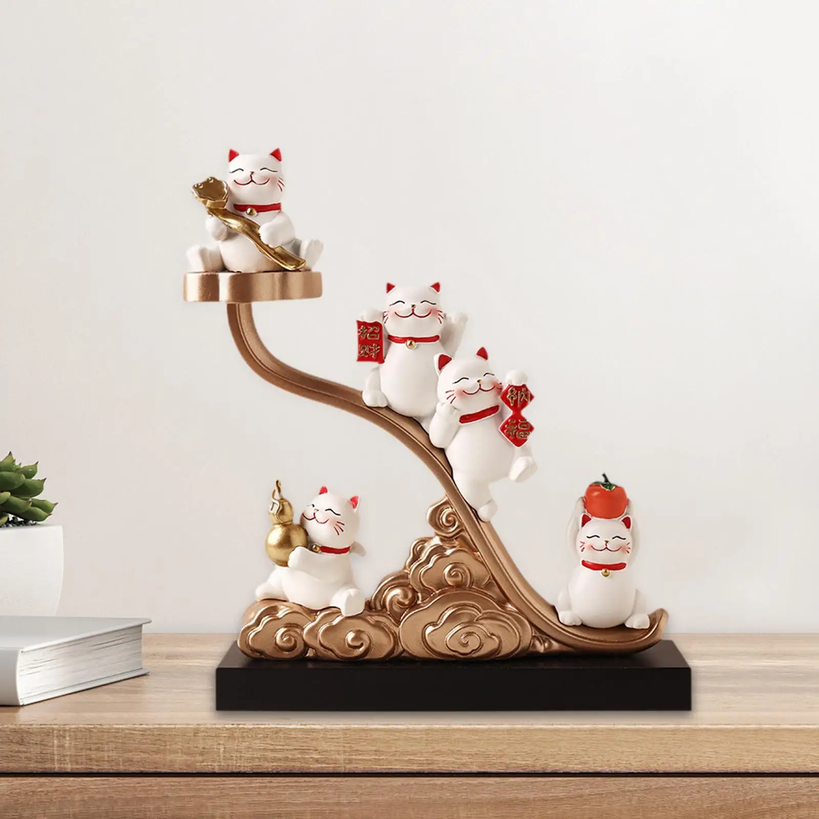 

Fortune Cat Figurine Collectible Desk Five Blessings Lucky Cat Statue for Cabinet Dining Room Business Opening Office Bookshelf