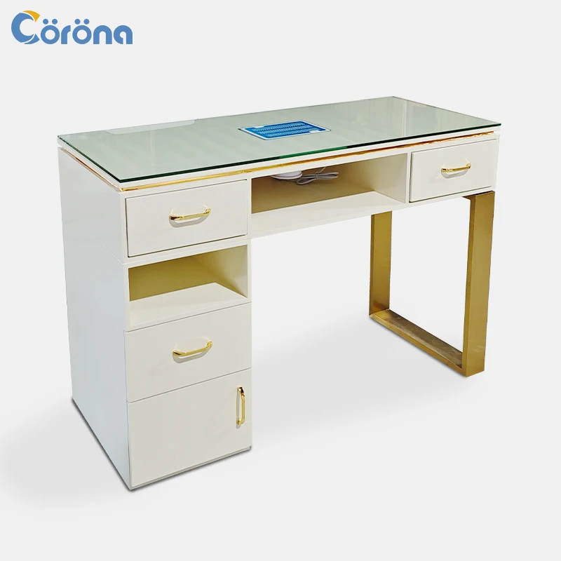 

Stainless Steel Frame Glass Desktop Manicure Furniture Nail Desk Table For Salon