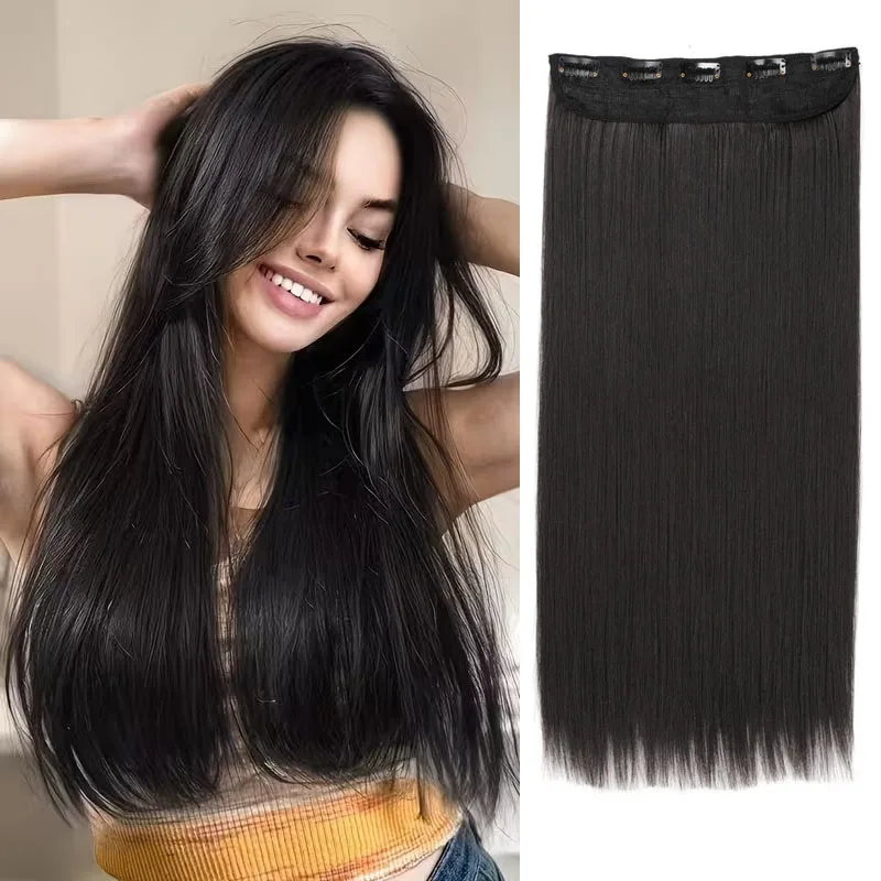24Inch Synthetic Long Straight Hair Extension One Piece Clip On Hairpiece for Women Increase Hair Volume Daily Party Hairstyle