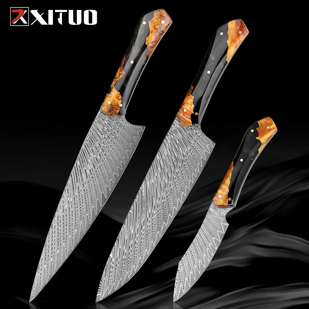 Damascus Steel Kitchen Knife Set 1-3PC Full Tang Knife Blade Sharp Chef Knife Slicing Knife Fruit Knife Black Resin Wood Handle