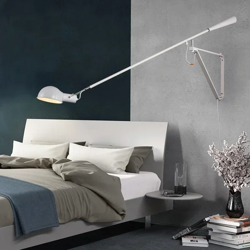 Modern Creative Rizzatto Wall Lamp Insertable Decorative Art Scottish Long Adjustable Rocker Arm White Bedroom Bedside Led Light