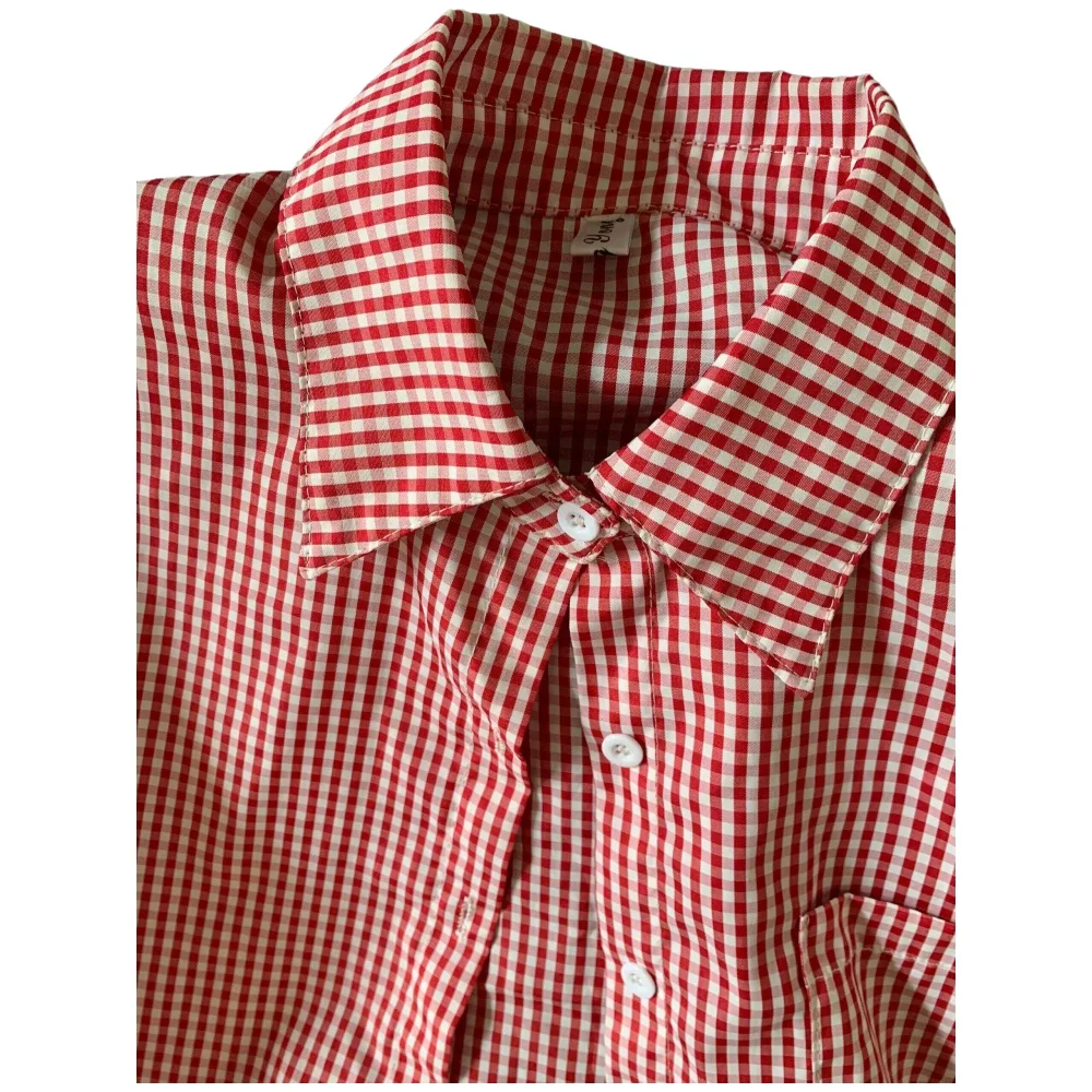 Chemise à carreaux rouge pour femmes, manches longues, col rabattu, chemisier ample et décontracté, hauts polyvalents, printemps été