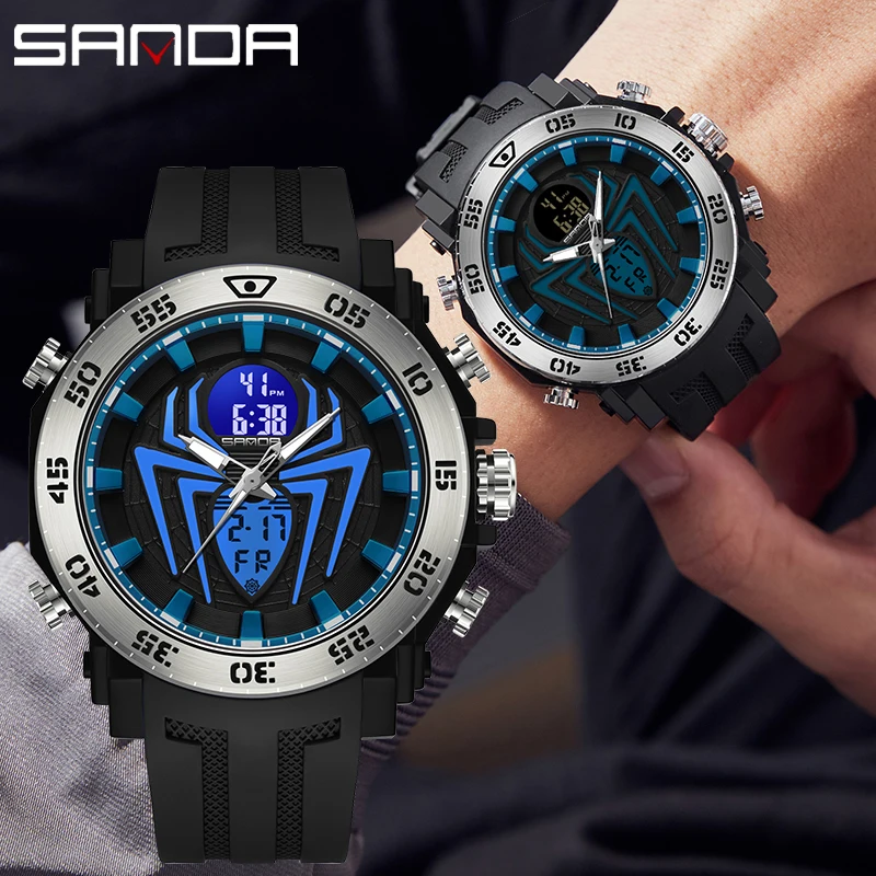 SANDA Men Military Watches Big Spider Dial Sport Watch LED Digital Waterproof Watch Men Multifunction Dual Display Clock Relogio