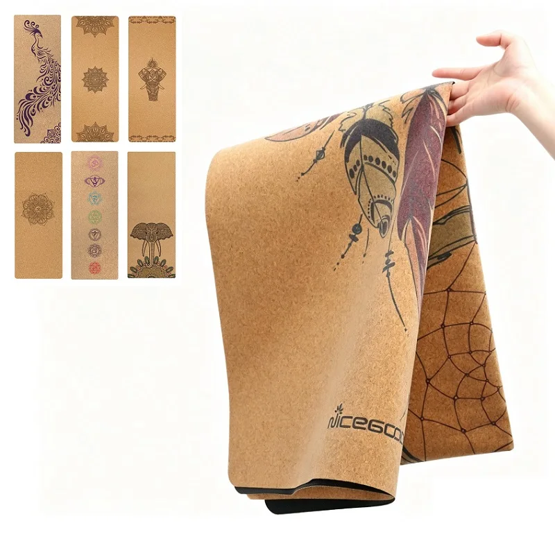Tapete de Yoga de Borracha Natural e Cortiça Antiderrapante, Absorvente de Suor, para Fitness em Casa, Dobrável, Estampado, para Pilates 183cm*61cm*1mm