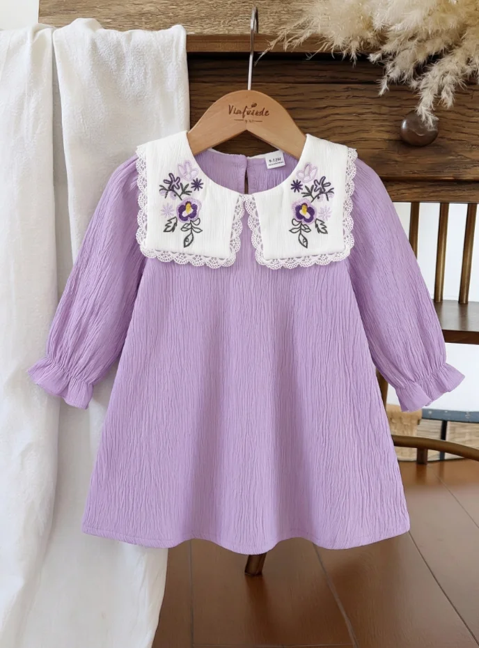 Baby Girl Purple Texture Long Sleeve Dress Lace Lace Lapel Flower Embroidery Doll Neck Loose Bubble Sleeve Baby Spring and Autum