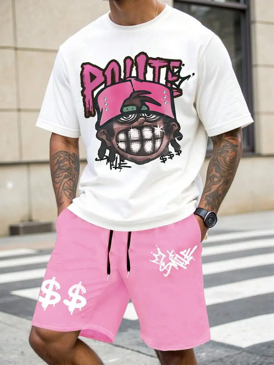 Conjunto de camiseta y pantalones cortos Manfinity EMRG para hombre, con estampado de personaje hip-hop, cintura con cordón ajustable, color rosa, dos piezas.