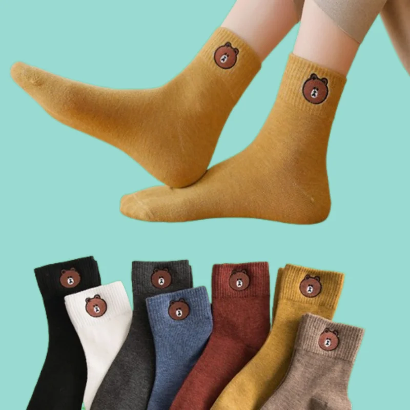 7/14 Pairs Women's Mid-tube Socks Trendy Bear College Style Korean Version Solid Color Cute Socks Trendy Pile Socks