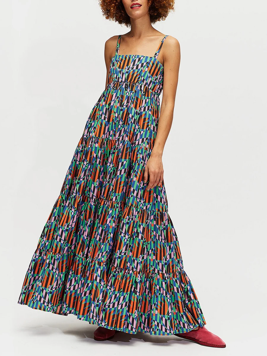 

Women’s Fashion Boho Long Dress Print Spaghetti Strap Tiered Flowy Loose Maxi Dress