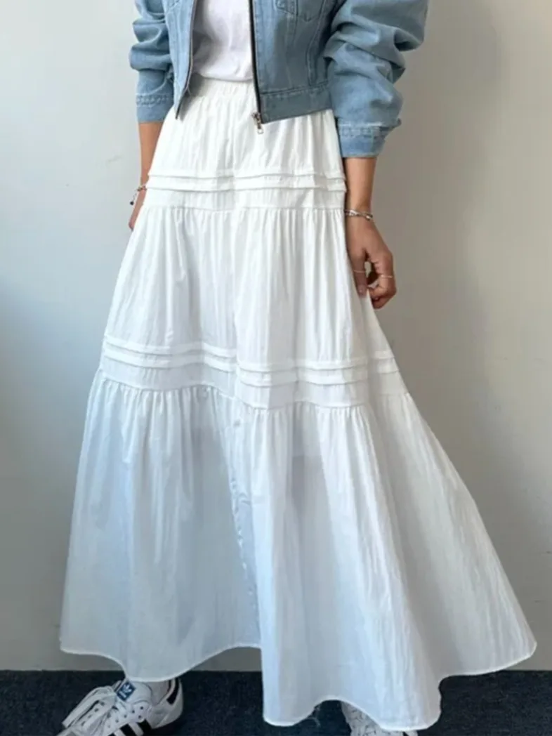 Elegancka spódnica midi o kroju litery A z wysokim stanem, wyszczuplająca, uniwersalna, plisowana, łączona, o długości do połowy łydki, w stylu koreańskim, idealna do pracy.