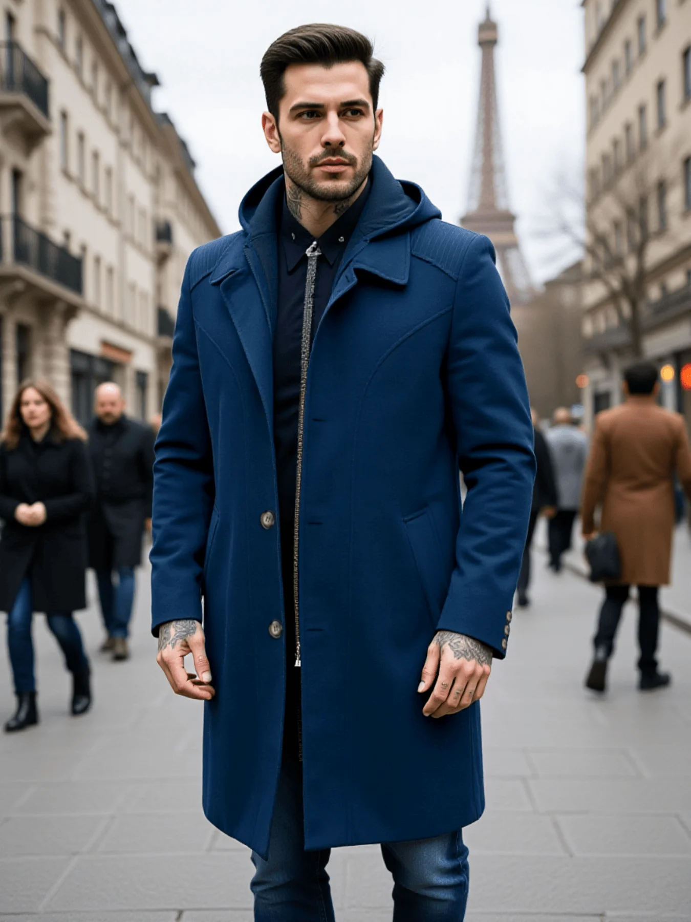 Men's Autumn/Winter Thickened Zip-Front Trench Coat Warm & Fashionable Simple Business Style for Commuting and Daily Wear