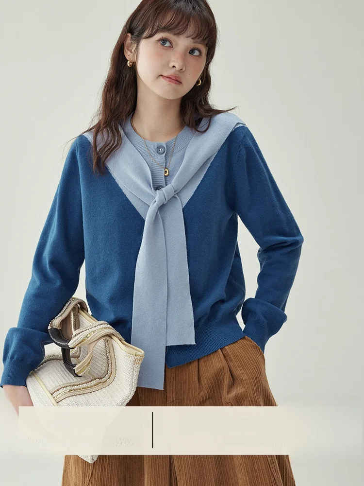 

AMUU Original Spliced Belted round Ne Long Sve Sweater Women's Autumn Winter Loose Top Color Blo Commute Sle Polyest...