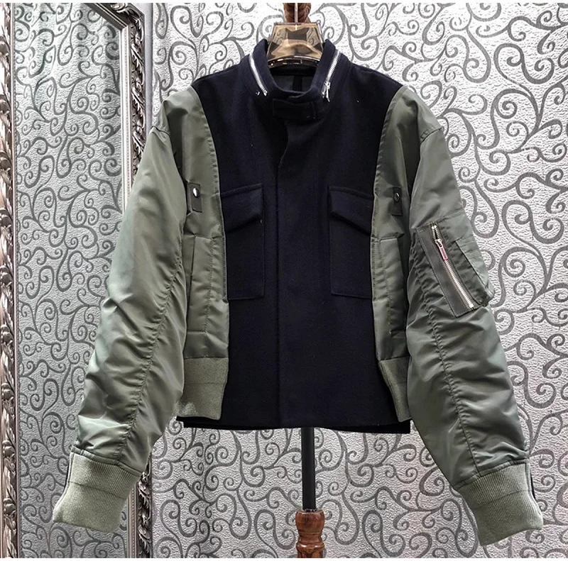 

Top Quality New Coat Jacket 2024 Autumn Winter Coats Women Stand Neck Wool Patchwork Army Green Black Warm Bomber Jacket Outwear