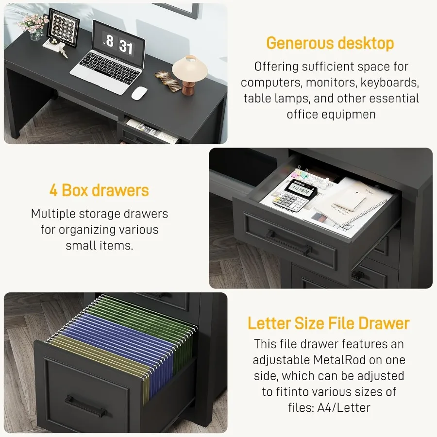 Farmhouse 49 Executive Desk with File Drawer and 4 Drawers Reversible Computer Desk with Ample Storage Rustic Home Writing Work