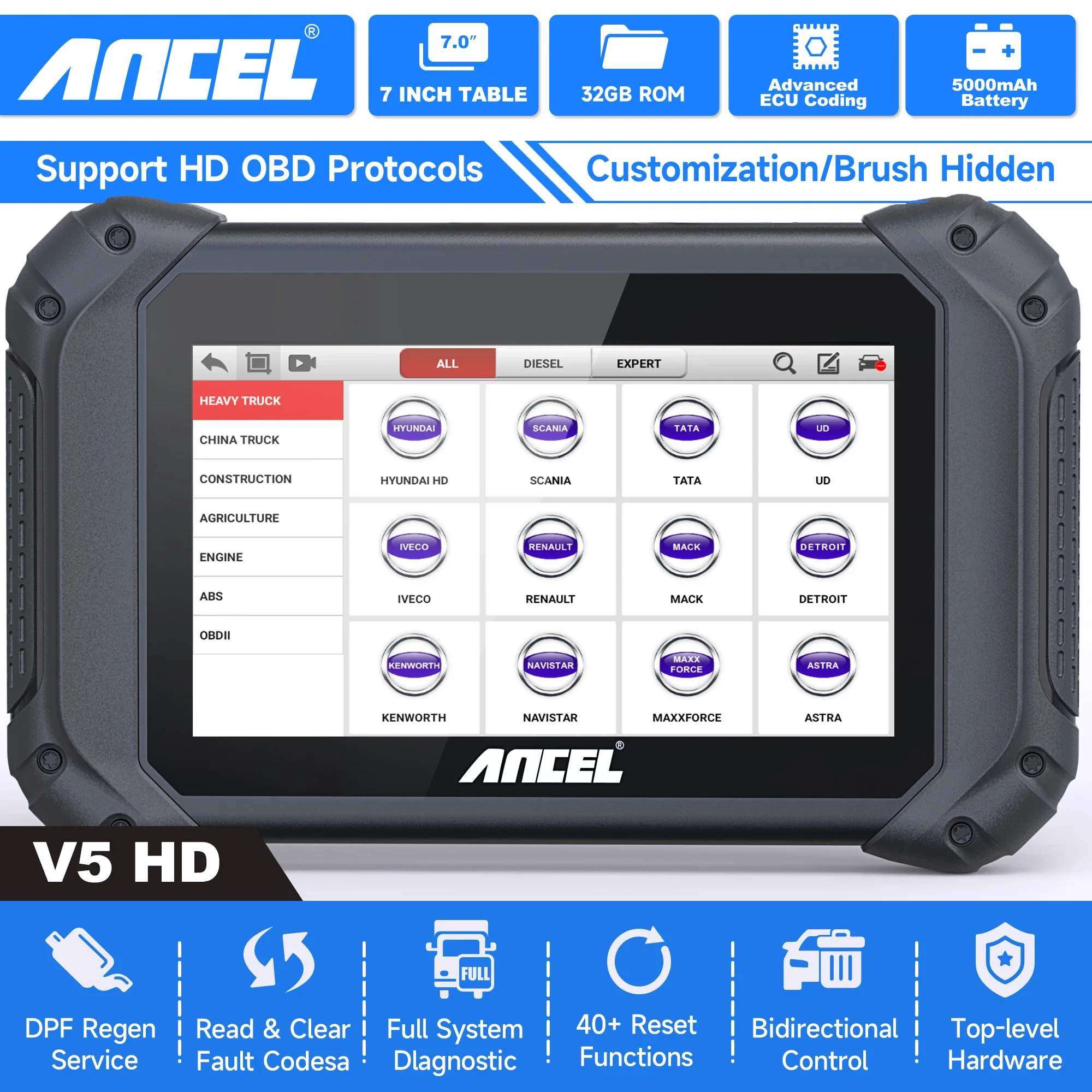 ANCEL HD 상용차 중장비 트럭 진단 도구, 모든 시스템 ECU 코딩, BI 방향 OBD2 트럭 스캐너, V5