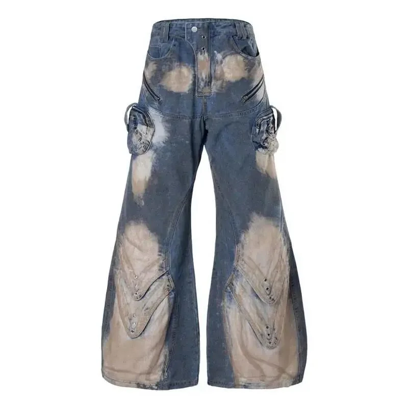 American-style Vintage Large-pocket Curved Hem Loose Straight-leg Men Denim Pants 2026 Autumn New Trend Trousers VHT6