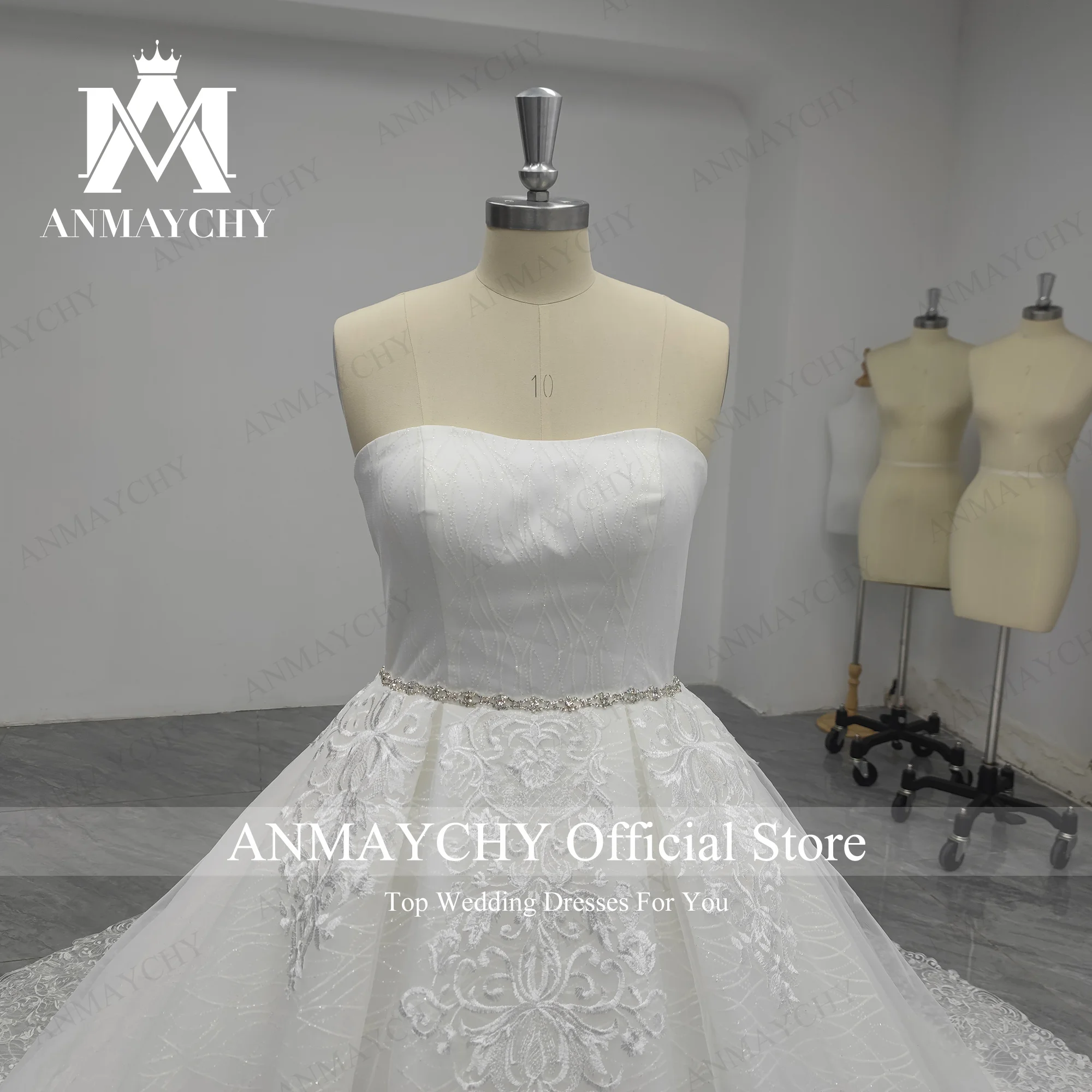 ANMAYCHY a-line فستان الزفاف 2023 مع أكمام طويلة سترة بلا حمالات زين دانتيل ذيل شابيل فستان الزفاف Vestidos De Novia