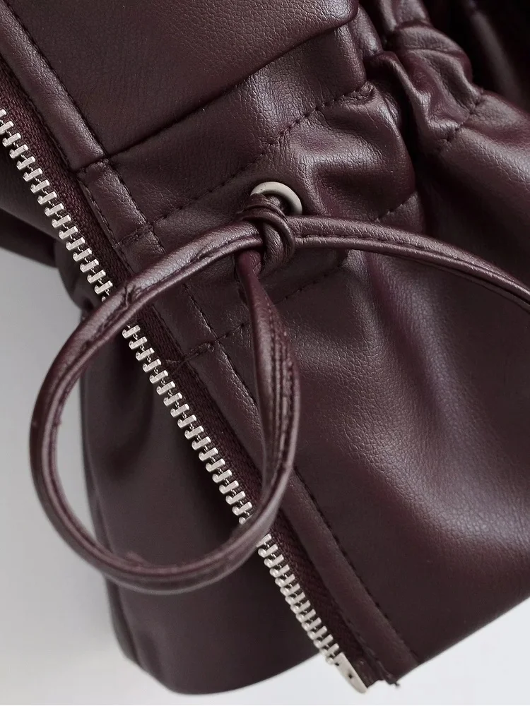 AACHOAE Women Faux Leather Jacket Drawstring Waist Zip Up Utility Short Coat Flap Pocket Casual Streetwear Autumn Outerwear