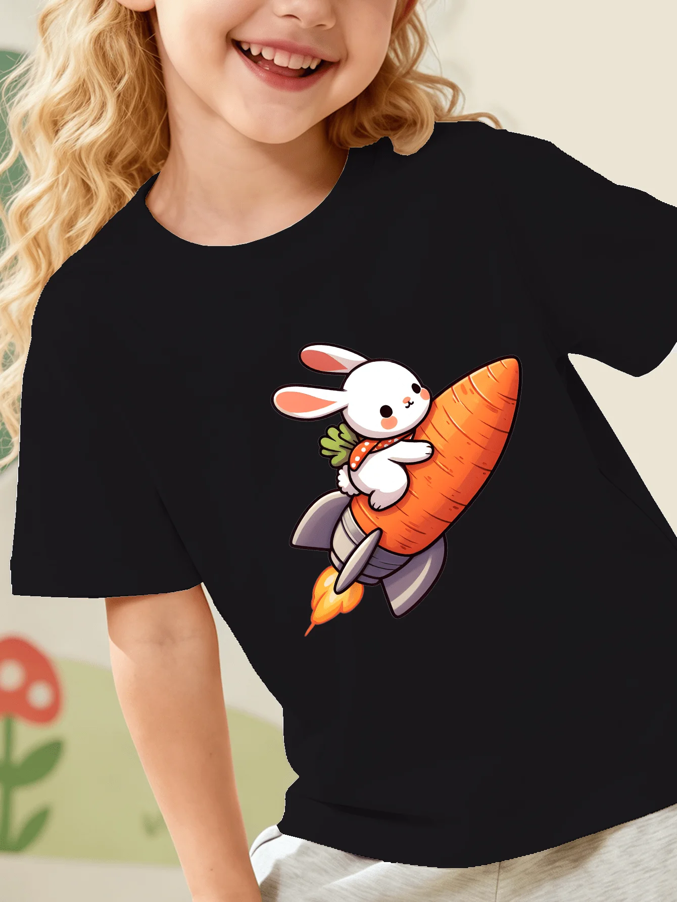 Lovely Bunny On Carrot Rocket Spaceship Fun Cartoon Print Kids T Shirt Boys Girls Family Matching Summer Crew Neck Casual Tee